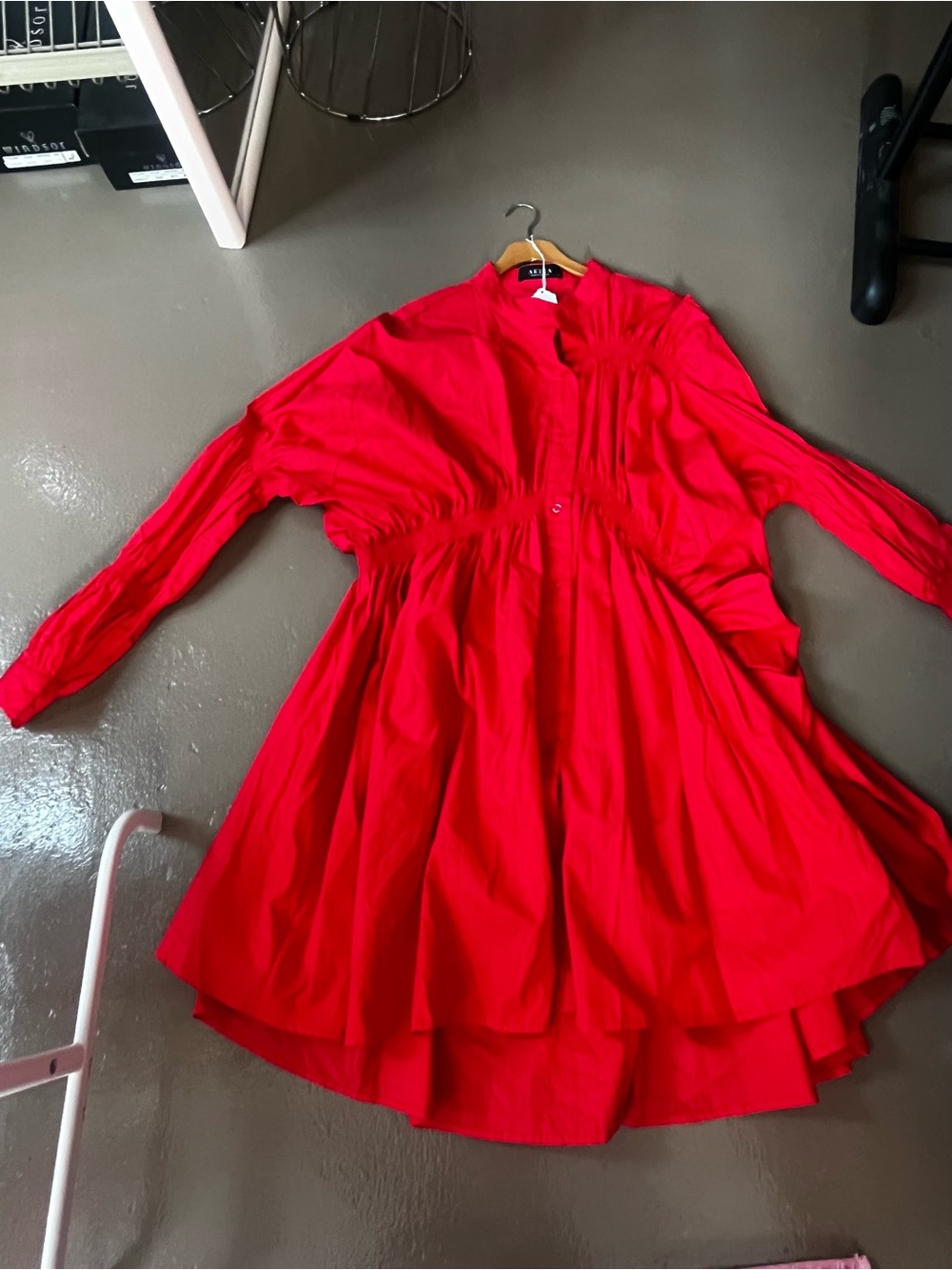 Kids Red Long-Sleeve Gathered Waist Dress